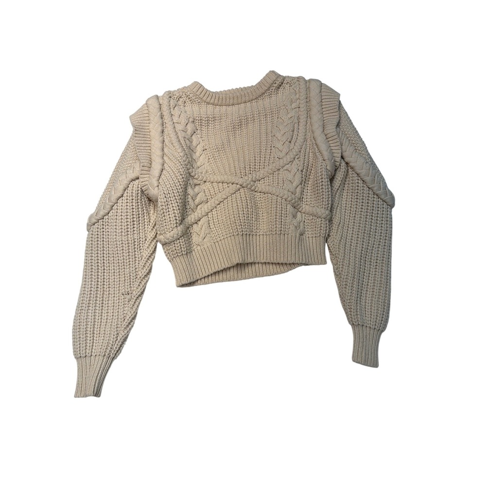 Ronny Kobo Collective Cream Cable Knit Cropped Sweater Ruffle Shoulder Small - Picture 4 of 7